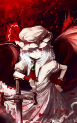 Rule 34 | 1girl, ascot, bad id, bad pixiv id, blood, blood stain, bow, brooch, calpish, cross, hand on own hip, hat, hat bow, highres, jewelry, red eyes, remilia scarlet, sash, solo, touhou, white hair, wrist cuffs