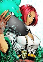 Rule 34 | 1girl, 1other, an&#039;no natsume, belt, blue eyes, breasts, cleavage, collared shirt, commentary request, dark-skinned female, dark skin, forehead, giovanna (guilty gear), green fur, guilty gear, guilty gear strive, headpat, high-waist pants, highres, large breasts, lips, multiple belts, nose, pants, parted bangs, parted lips, partially unbuttoned, police badge, red hair, rei (guilty gear), shirt, sleeves pushed up, snout, solo, white shirt, wolf