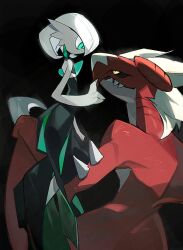 Rule 34 | alternate color, black background, black sclera, carrying, colored sclera, commentary, creatures (company), eye contact, from side, game freak, garchomp, gardevoir, gen 3 pokemon, gen 4 pokemon, green eyes, highres, lanjiujiu, looking at another, nintendo, pokemon, pokemon (creature), simple background, spikes, teeth, yellow eyes