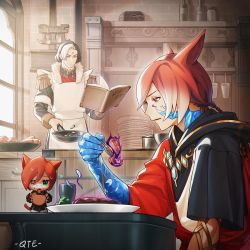 Rule 34 | 3boys, animal ears, apron, artist name, bad food, black robe, book, bottle, bowl, boxingm, braid, braided ponytail, brick wall, brown hair, cat ears, cat tail, chinese commentary, commentary request, cooking, cooking pot, crystal, crystal exarch, crystallization, day, dual persona, emet-selch, epaulettes, facial mark, final fantasy, final fantasy xiv, floating, floating book, floating object, flying sweatdrops, food, fork, fringe trim, from side, frown, frying pan, fur trim, g&#039;raha tia, garlean, glowing, green eyes, heterochromia, holding, holding food, holding fork, holding frying pan, hood, hood down, hooded robe, indoors, kitchen, long sleeves, male focus, material growth, mini person, miniboy, miqo&#039;te, multicolored hair, multiple boys, plate, red eyes, robe, short hair, short ponytail, signature, single braid, sitting, standing, streaked hair, sweat, swept bangs, tail, tentacles, third eye, tongue, tongue out, two-tone hair, upper body, v-shaped eyebrows, white apron, white hair, window