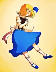 Rule 34 | 1girl, alice margatroid, alice margatroid (pc-98), blonde hair, blue skirt, book, full body, hair ribbon, highres, looking at viewer, moonywitcher, ribbon, shoes, short hair, simple background, skirt, socks, solo, touhou, yellow eyes