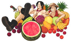 Rule 34 | 2boys, banana, bead necklace, beads, black footwear, black hair, crossed legs, dragon fruit, eating, food, freckles, fruit, ha (pixiv57253), hat, holding, holding food, holding fruit, jewelry, knife, looking at viewer, male focus, monkey d. luffy, multiple boys, necklace, one piece, orange (fruit), peach, pear, pineapple, dragon fruit, pomelo, portgas d. ace, red shirt, scar, scar on face, shirt, short hair, shorts, skull necklace, sleeveless, smile, straw hat, topless male, watermelon