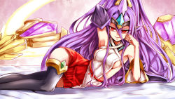 Rule 34 | &gt;:), 1girl, arc system works, arm up, armpits, bare shoulders, bed, big hair, black thighhighs, blazblue, blazblue: central fiction, breasts, detached sleeves, hades izanami, hakama, hakama short skirt, hakama skirt, head rest, headgear, japanese clothes, karadborg, long hair, looking at viewer, lying, medium breasts, mikado (blazblue), no bra, on side, open mouth, parted lips, ponytail, purple hair, red eyes, red skirt, shiny skin, sideboob, skirt, smile, solo, thighhighs, tsurime, v-shaped eyebrows, very long hair, wide sleeves