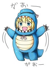 Rule 34 | &gt;:d, 10s, 1girl, :d, aged down, alternate costume, atago (kancolle), blonde hair, blue eyes, dinosaur costume, disguise, highres, kantai collection, looking away, open mouth, sakesakana (korezyanai), smile, solo, v-shaped eyebrows, waving arms