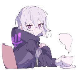 Rule 34 | 1other, chair, closed mouth, coat, coffee cup, cup, disposable cup, from behind, frown, glasses, grey coat, hair between eyes, halara nightmare, highres, holding, holding cup, hood, hood down, hooded coat, hwr33m, long sleeves, looking at viewer, master detective archives: rain code, other focus, pink eyes, semi-rimless eyewear, short hair, simple background, solo, steam, upper body, white background, white hair