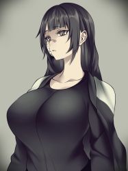 Rule 34 | 1girl, bandaid, bandaid on face, bandaid on nose, black hair, breasts, commentary, commission, english commentary, eyebrows hidden by hair, grey background, highres, hz (666v), jacket, jacket on shoulders, large breasts, long hair, multicolored clothes, multicolored jacket, original, two-tone jacket, yellow eyes