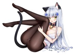 Rule 34 | 1girl, animal ears, ankkoyom, ass, bad id, bad pixiv id, bare shoulders, bell, blush, breasts, camisole, cat ears, cat girl, cat tail, choker, cleavage, cross, facepaint, fang, full body, girls&#039; frontline, green eyes, highres, hk416 (girls&#039; frontline), iron cross, large breasts, legs up, long hair, looking at viewer, lying, neck bell, on back, panties, panties under pantyhose, pantyhose, silver hair, simple background, solo, spaghetti strap, strap slip, tail, teardrop, thighs, underwear, very long hair, white background, white camisole, white panties