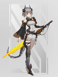 Rule 34 | 1girl, asymmetrical legwear, asymmetrical sleeves, belt, black belt, black footwear, breasts, closed mouth, commentary request, detached sleeves, full body, grey background, grey shirt, grey shorts, grey thighhighs, highres, holding, holding sword, holding weapon, horns, knife, lance (lancelliu), looking at viewer, mechanical tail, medium breasts, original, red eyes, shirt, short hair, shorts, silver hair, single thighhigh, solo, sword, tail, thighhighs, weapon, wide sleeves