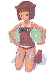 Rule 34 | 1girl, brown eyes, brown hair, covered navel, one-piece swimsuit, one-piece tan, short hair, solo, swimsuit, syzluna, tan, tanline, tougetsu gou