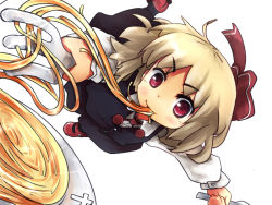 Rule 34 | 1girl, blonde hair, bow, eating, embodiment of scarlet devil, female focus, food, fork, hair bow, holding, holding fork, murani, noodles, plate, red eyes, rumia, short hair, solo, touhou