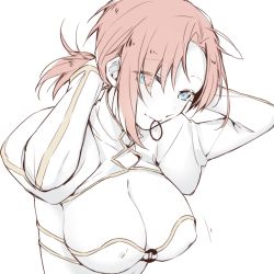 Rule 34 | 1girl, adjusting hair, blue eyes, boudica (fate), breasts, cleavage, covered erect nipples, fate/grand order, fate (series), female focus, hair tie, juliet sleeves, kan&#039;yu (citron 82), large breasts, long sleeves, mouth hold, ponytail, puffy sleeves, red hair, short hair, shrug (clothing), simple background, solo, tying hair, upper body, white background