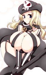 Rule 34 | 10s, 1girl, black thighhighs, blonde hair, blue eyes, blush, breasts, cape, cleavage, detached sleeves, elbow gloves, gloves, hat, heart, huge breasts, long hair, looking at viewer, pirate hat, senran kagura, senran kagura shinovi versus, shiki (senran kagura), simple background, skull, solo, thighhighs, wedge (tyrl stride)