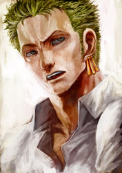Rule 34 | 1boy, blouse, earrings, green eyes, green hair, jewelry, lack, male focus, matching hair/eyes, one piece, open mouth, painterly, pirate, realistic, roronoa zoro, shirt, short hair, solo, swordsman (fgo516824681), white shirt