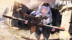 Rule 34 | 1girl, :d, ahoge, anti-materiel rifle, black bow, black shirt, blush, bow, breasts, bullpup, cloak, closed eyes, copyright name, goddess of victory: nikke, gun, highres, holding, holding weapon, long hair, official art, open mouth, outdoors, pinkmill, rifle, ruins, scope, shirt, small breasts, smile, sniper rifle, snow white (innocent days) (nikke), snow white (innocent days) (nikke), snow white (nikke), solo, visor (armor), weapon, white cloak, white hair