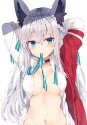 Rule 34 | 1girl, animal ear fluff, animal ears, aqua ribbon, arms behind head, arms up, black choker, blouse, blue eyes, blush, braid, breasts, breasts apart, buttons, choker, collarbone, collared shirt, commentary request, covered erect nipples, crown braid, dress shirt, extra ears, french braid, groin, hair between eyes, hair ribbon, head tilt, jacket, long hair, long sleeves, looking at viewer, medium breasts, mouth hold, navel, nibiiro shizuka, no bra, open clothes, open shirt, original, red jacket, ribbon, shade, shirt, short sleeves, sidelocks, silver hair, simple background, solo, stomach, sweat, upper body, white background, white shirt