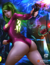 Rule 34 | 1girl, artist name, ass, blue eyes, breasts, electricity, energy, from behind, green hair, gun, highres, justin bailey, legs, leotard, long hair, looking at viewer, metroid, metroid (creature), metroid: zero mission, mole, mole under mouth, neon lights, nintendo, ponytail, samus aran, sidelocks, thighs, weapon