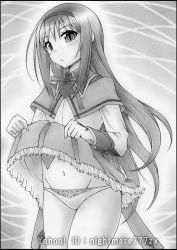 Rule 34 | 10s, 1girl, akemi homura, artist name, blush, capelet, clothes lift, frilled skirt, frills, greyscale, groin, hairband, long hair, long sleeves, mahou shoujo madoka magica, mahou shoujo madoka magica (anime), monochrome, navel, nightmare77zx, panties, parted lips, skirt, skirt lift, solo, soul gem, traditional media, underwear