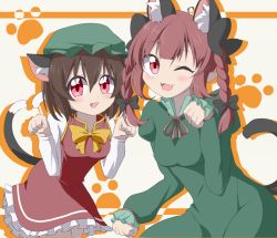 Rule 34 | 2girls, :3, ahoge, animal ear fluff, animal ears, black bow, blush, bow, bowtie, braid, breasts, brown hair, bwell, cat ears, cat tail, chen, commentary request, cowboy shot, dress, extra ears, fang, frilled dress, frilled sleeves, frills, green dress, green headwear, hair between eyes, hair bow, hat, juliet sleeves, kaenbyou rin, long hair, long sleeves, looking at viewer, medium breasts, mob cap, multiple girls, multiple tails, neck ribbon, nekomata, one eye closed, open mouth, paw pose, paw print, paw print background, puffy sleeves, red eyes, red hair, red ribbon, red skirt, red vest, ribbon, shirt, short hair, skirt, skirt set, small breasts, smile, tail, touhou, twin braids, two tails, vest, white shirt, yellow bow, yellow bowtie