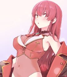 Rule 34 | 1girl, a-ka, blush, breasts, covered navel, hair down, heterochromia, highres, hololive, houshou marine, jacket, large breasts, long hair, looking at viewer, parted lips, red eyes, red hair, red jacket, solo, virtual youtuber, yellow eyes