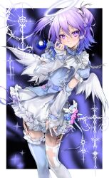 Rule 34 | 1girl, angel, angel wings, black background, blush, border, closed mouth, expressionless, feathered wings, half updo, highres, holding, holding wand, light purple hair, magical girl, mazamuno, multicolored background, original, pantyhose, purple background, purple eyes, twintails, wand, white border, white pantyhose, white wings, wings