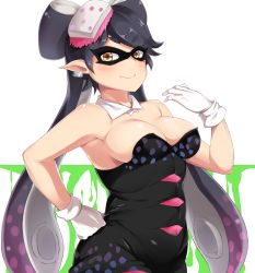 Rule 34 | + +, 1girl, armpits, bare shoulders, black dress, black hair, blush, breasts, callie (splatoon), cleavage, detached collar, domino mask, dress, earrings, fang, female focus, food, food on head, gloves, gradient hair, hair ornament, hand on own hip, highres, inkling, jewelry, large breasts, long hair, looking at viewer, mask, moisture (chichi), mole, mole under eye, multicolored hair, neck, nintendo, object on head, pantyhose, pointy ears, purple hair, short hair, simple background, smile, solo, splatoon (series), splatoon 1, strapless, strapless dress, symbol-shaped pupils, tentacle hair, upper body, white background, white gloves