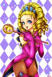 Rule 34 | 1girl, :d, ace attorney, argyle, argyle background, argyle clothes, artist name, blonde hair, blue eyes, blush, covered navel, drill hair, elbow gloves, gloves, hair ornament, hands up, highres, holding, holding wand, leotard, looking at viewer, open mouth, pantyhose, phoenix wright: ace attorney - justice for all, pink gloves, pink leotard, pink thighhighs, regina berry, rico (stella filios), smile, solo, standing, thighhighs, wand