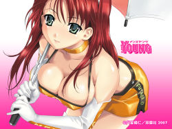 Rule 34 | 00s, 1girl, 2007, blush, boots, breasts, choker, cleavage, downblouse, elbow gloves, gloves, green eyes, happoubi jin, large breasts, leaning forward, long hair, men&#039;s young, midriff, miniskirt, race queen, red hair, skirt, solo, thigh boots, thighhighs, umbrella, uniform