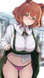 Rule 34 | 1girl, alternate costume, animal ears, aston machan (umamusume), blurry, blurry background, breasts, brown hair, closed mouth, clothes lift, commentary request, commission, cowboy shot, enumiyaa, frilled shirt collar, frills, glasses, green eyes, green skirt, highres, horse ears, horse girl, horse tail, large breasts, long sleeves, looking at viewer, navel, one side up, panties, pink panties, red-framed eyewear, shirt, side-tie panties, skeb commission, skirt, skirt lift, smile, solo, suspender skirt, suspenders, tail, umamusume, underwear, white shirt, yellow gemstone