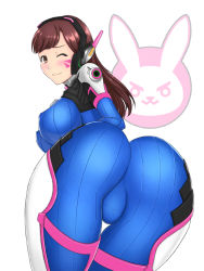 Rule 34 | 1girl, ;), arched back, armor, ass, bent over, blush, bodysuit, boots, breasts, brown eyes, brown hair, covered erect nipples, cowboy shot, d.va (overwatch), eyelashes, facepaint, facial mark, from behind, gloves, headphones, high collar, huge ass, large breasts, leaning, leaning forward, legs together, lips, lipstick, long hair, long sleeves, looking at viewer, looking back, makeup, one eye closed, overwatch, overwatch 1, pauldrons, pilot suit, pink lips, ribbed bodysuit, shoulder armor, shoulder pads, skin tight, skindentation, smile, solo, thigh boots, thigh gap, thigh strap, thighhighs, turtleneck, whisker markings, white footwear, zetxsuna