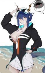 Rule 34 | 1girl, arknights, blue hair, breasts, ch&#039;en (arknights), ch&#039;en the holungday (arknights), cleavage, doctor (arknights), hat, highres, horns, large breasts, sunglasses, tail