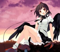 Rule 34 | 1girl, black hair, black skirt, black wings, blush, bobby socks, bow, brown eyes, brown hair, dress shirt, dusk, female focus, geta, hand fan, hand on another&#039;s chest, hand on own chest, hat, headphones, lace, lace-trimmed skirt, lace trim, looking at viewer, miniskirt, open mouth, pleated skirt, shameimaru aya, shirt, sitting, skirt, smile, socks, solo, takashina masato, tokin hat, touhou, tree, wings, yellow eyes