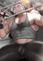Rule 34 | 1boy, absol (dkqthf), bara, barbell, black hair, black tank top, blush, bulge, closed mouth, exercising, highres, large pectorals, male focus, muscular, muscular male, nipples, original, pectorals, short hair, solo, tank top, thick thighs, thighs, weightlifting