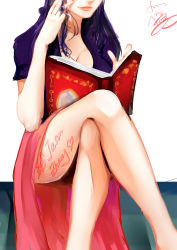 Rule 34 | 1girl, 8chinchin, absurdres, blue shirt, book, breasts, center opening, cleavage, crossed legs, highres, jewelry, legs, lips, long hair, nico robin, one piece, open book, open clothes, open shirt, pink skirt, purple hair, reading, ring, sarong, shirt, short sleeves, simple background, sitting, skirt, white background