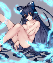 Rule 34 | 1girl, alternate breast size, aoshima, arms between legs, ass, aura, bags under eyes, barefoot, blue bow, blue eyes, blue hair, bow, breasts, collarbone, commentary request, completely nude, convenient arm, debt, empty eyes, feet out of frame, grey background, hair between eyes, hair bow, head tilt, highres, knee up, large breasts, leg up, long hair, looking at viewer, nude, simple background, sitting, solo, touhou, very long hair, yorigami shion