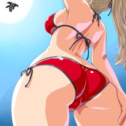 Rule 34 | 10s, 1girl, armpits, arnval, ass, ass focus, back, bad id, bad pixiv id, bikini, blonde hair, busou shinki, crotch, dd (ijigendd), from behind, from below, halterneck, hand on own thigh, long hair, outdoors, ponytail, red bikini, shiny clothes, side-tie bikini bottom, skindentation, sky, standing, swimsuit, trefoil