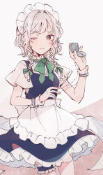 Rule 34 | 1girl, apron, blue dress, bow, bowtie, braid, breasts, buttons, clock, closed mouth, dress, green bow, green bowtie, hair bow, hands up, highres, izayoi sakuya, looking at viewer, maid, maid headdress, medium breasts, mozukuzu (manukedori), multicolored eyes, one eye closed, puffy short sleeves, puffy sleeves, purple eyes, red eyes, shadow, shirt, short hair, short sleeves, silver hair, simple background, smile, solo, standing, touhou, twin braids, white apron, white background, white bow, white shirt, white sleeves, wrist cuffs
