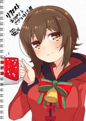 Rule 34 | 1girl, artist name, bell, bow, bowtie, brown eyes, brown hair, casual, christmas, closed mouth, coat, coffee mug, commentary, commission, cup, dated, fur-trimmed coat, fur trim, girls und panzer, green bow, green bowtie, highres, holding, holding cup, hood, hood down, hooded coat, looking at viewer, mug, namatyoco, neck bell, nishizumi maho, red bow, red coat, short hair, signature, smile, solo, translated, two-tone bowtie, upper body, white background