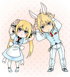 Rule 34 | 1boy, 1girl, alice (alice in wonderland) (cosplay), animal ears, blonde hair, blue eyes, blush, chibi, clock, cosplay, dead or alive, eliot (doa), full body, hachuurui, long hair, looking at viewer, marie rose, necktie, rabbit ears, skirt, tecmo, twintails, white rabbit (cosplay)