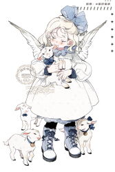 Rule 34 | 1girl, animal, animal collar, artist name, biting, black pantyhose, blonde hair, blue bow, blue collar, blue footwear, blue nails, blush stickers, boots, bow, child, closed eyes, closed mouth, collar, cross-laced footwear, dress, ear biting, eyelashes, feathered wings, footwear bow, full body, goat, hair bow, holding, holding animal, knee boots, lace, lace-trimmed dress, lace trim, long sleeves, maobing maobing, medium dress, nail polish, neck ruff, original, pantyhose, puffy long sleeves, puffy sleeves, short hair, small horns, smile, solo, tongue, tongue out, white background, white dress, white wings, wings