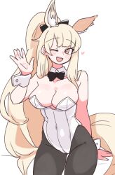 Rule 34 | 1girl, absurdres, animal ears, arknights, black bow, black bowtie, black pantyhose, blemishine (arknights), blonde hair, bow, bowtie, breasts, commentary, detached collar, heart, highres, horse ears, horse tail, large breasts, leotard, long hair, nikukabe, one eye closed, pantyhose, playboy bunny, ponytail, strapless, strapless leotard, tail, wrist cuffs, yellow eyes