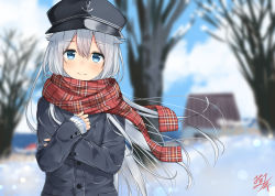 Rule 34 | 1girl, alternate costume, anchor symbol, black jacket, blue eyes, blurry, closed mouth, depth of field, flat cap, hair between eyes, hat, hibiki (kancolle), house, jacket, kantai collection, long hair, long sleeves, looking at viewer, miko fly, silver hair, smile, snow, tree, winter clothes