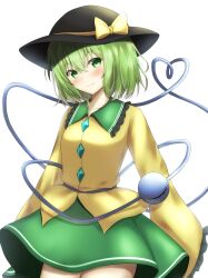 1girl absurdres black_hat blush bow breasts buttons closed_mouth collar collarbone commentary diamond_button eyelashes frilled_collar frilled_sleeves frills green_eyes green_hair green_sailor_collar green_skirt hair_between_eyes hat hat_bow head_tilt heart heart_of_string highres komeiji_koishi long_sleeves looking_at_viewer medium_hair sailor_collar shirt simple_background skirt sleeves_past_fingers sleeves_past_wrists small_breasts solo standing szl third_eye touhou white_background wide_sleeves yellow_bow yellow_shirt