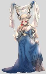 Rule 34 | 1girl, breasts, chocolate, cleavage, corrin (female) (fire emblem), corrin (fire emblem), dress, fire emblem, fire emblem fates, full body, hairband, horns, long hair, looking at viewer, medium breasts, negiwo, nintendo, pointy ears, red eyes, simple background, smile, solo, standing, white hair, wings