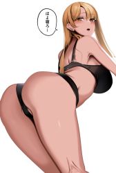 Rule 34 | 1girl, arasa (doko tetora), ass, back, black bra, black panties, blonde hair, blush, bra, breasts, doko tetora, feet out of frame, from side, large breasts, leaning forward, long hair, looking to the side, open mouth, orange eyes, original, panties, simple background, solo, standing, thighs, translation request, underwear, white background