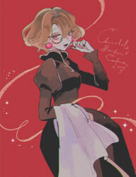 Rule 34 | 1girl, black dress, blush, brown dress, brown hair, center frills, character name, chocolate bonbon cookie, cookie run, dress, earrings, english text, frills, glasses, happy, highres, humanization, jewelry, long sleeves, looking at viewer, mamimumemo, personification, pink eyes, short hair, smile, solo