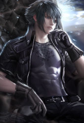 Rule 34 | 10s, 1boy, abs, final fantasy, final fantasy xv, gloves, highres, jacket, leather, leather jacket, male focus, muscular, noctis lucis caelum, open clothes, open jacket, sakimichan, short hair, grey eyes, silver hair, solo