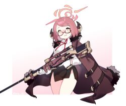 Rule 34 | 1girl, aged down, aru (blue archive), aru (young) (blue archive), blue archive, breasts, coat, coat on shoulders, collared shirt, cropped legs, glasses, gloves, gun, hair ornament, hairclip, halo, highres, holding, holding gun, holding weapon, horns, long sleeves, looking at viewer, medium breasts, official alternate hairstyle, orange eyes, pencil skirt, pink hair, red-framed eyewear, red coat, red hair, rifle, saru, shirt, short hair, simple background, skirt, solo, twitter username, weapon, white gloves, white shirt