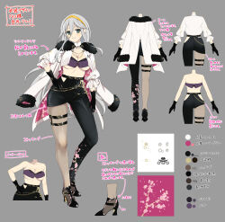 Rule 34 | 1girl, ass, black gloves, breasts, capelet, cleavage, closed mouth, coat, color guide, commentary, concept art, crop top, cropped jacket, floral print, food, from behind, from side, gekkou (senran kagura), gloves, green eyes, grey background, grey hair, hair between eyes, hairband, high heels, highres, holding, holding food, large breasts, light blush, long hair, looking at viewer, official art, pants around one leg, senran kagura, senran kagura new link, shuriken print, sitting, smile, solo, underboob, weapon, white coat, yellow hairband
