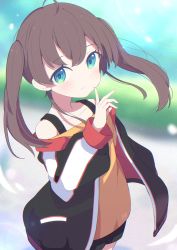 Rule 34 | 1girl, absurdres, ahoge, bare shoulders, black jacket, black shorts, blue eyes, blurry, blurry background, blush, brown hair, brown shirt, closed mouth, collarbone, day, depth of field, hair between eyes, hand up, highres, hololive, jacket, long hair, long sleeves, looking at viewer, natsuiro matsuri, natsuiro matsuri (gaming casual), off-shoulder jacket, off-shoulder shirt, off shoulder, okota mikan, outdoors, puffy long sleeves, puffy sleeves, shirt, short shorts, shorts, smile, solo, standing, twintails, virtual youtuber