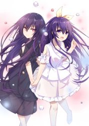 Rule 34 | 2girls, :d, bad id, bad pixiv id, black dress, blue footwear, blush, breasts, character request, closed mouth, clothing cutout, commentary request, date a live, dress, frilled dress, frills, hair between eyes, hair ribbon, hand up, highres, holding hands, jewelry, long hair, looking at viewer, looking back, mo (pixiv9929995), multiple girls, open mouth, pendant, puffy short sleeves, puffy sleeves, purple eyes, purple hair, red eyes, ribbon, shoes, short sleeves, shoulder cutout, small breasts, smile, standing, standing on one leg, very long hair, white dress, yatogami tooka, yellow ribbon